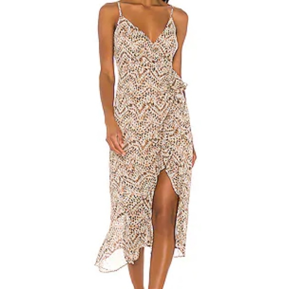 Bardot Ellie Cocktail High Low Ruffled Hem Wrap Dress Tan Animal print size 8